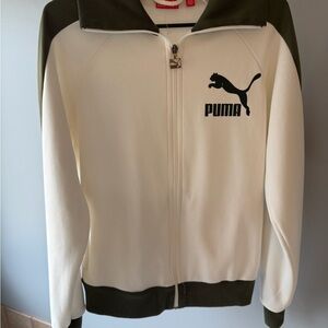 Vintage Puma Track Jacket in Off White / Cream and Olive Green